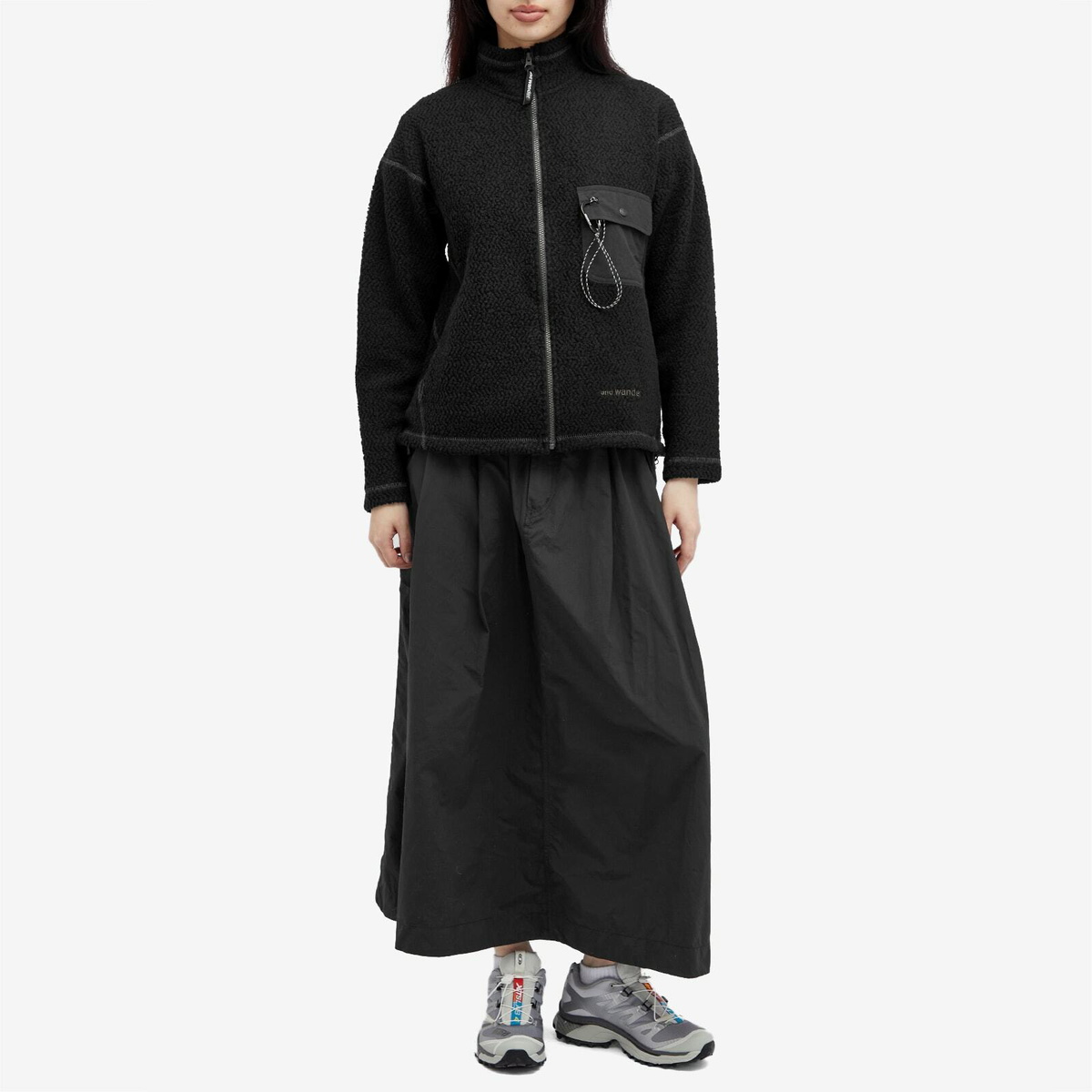 and wander Re Wool Jacquard Fleece Jacket in Black