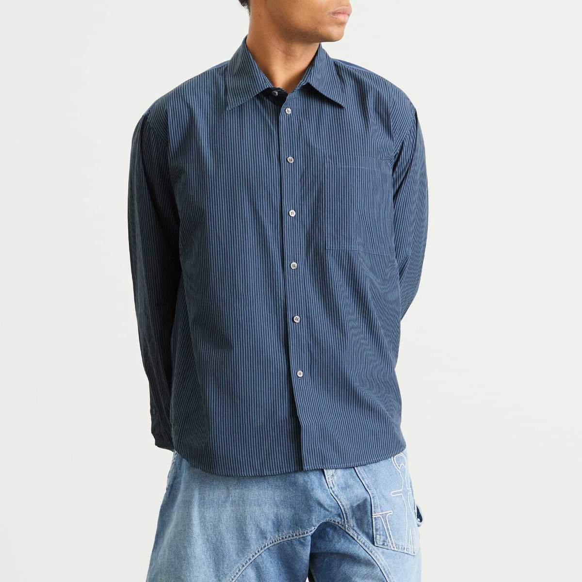 JW Anderson Men's Patchwork Striped Shirt in Navy JW Anderson