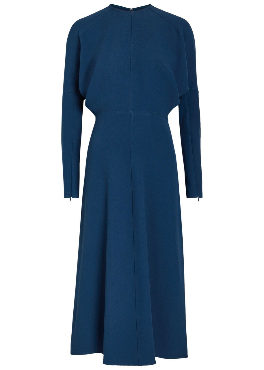 Victoria Beckham Pleated Woven Midi Dress Dark Blue