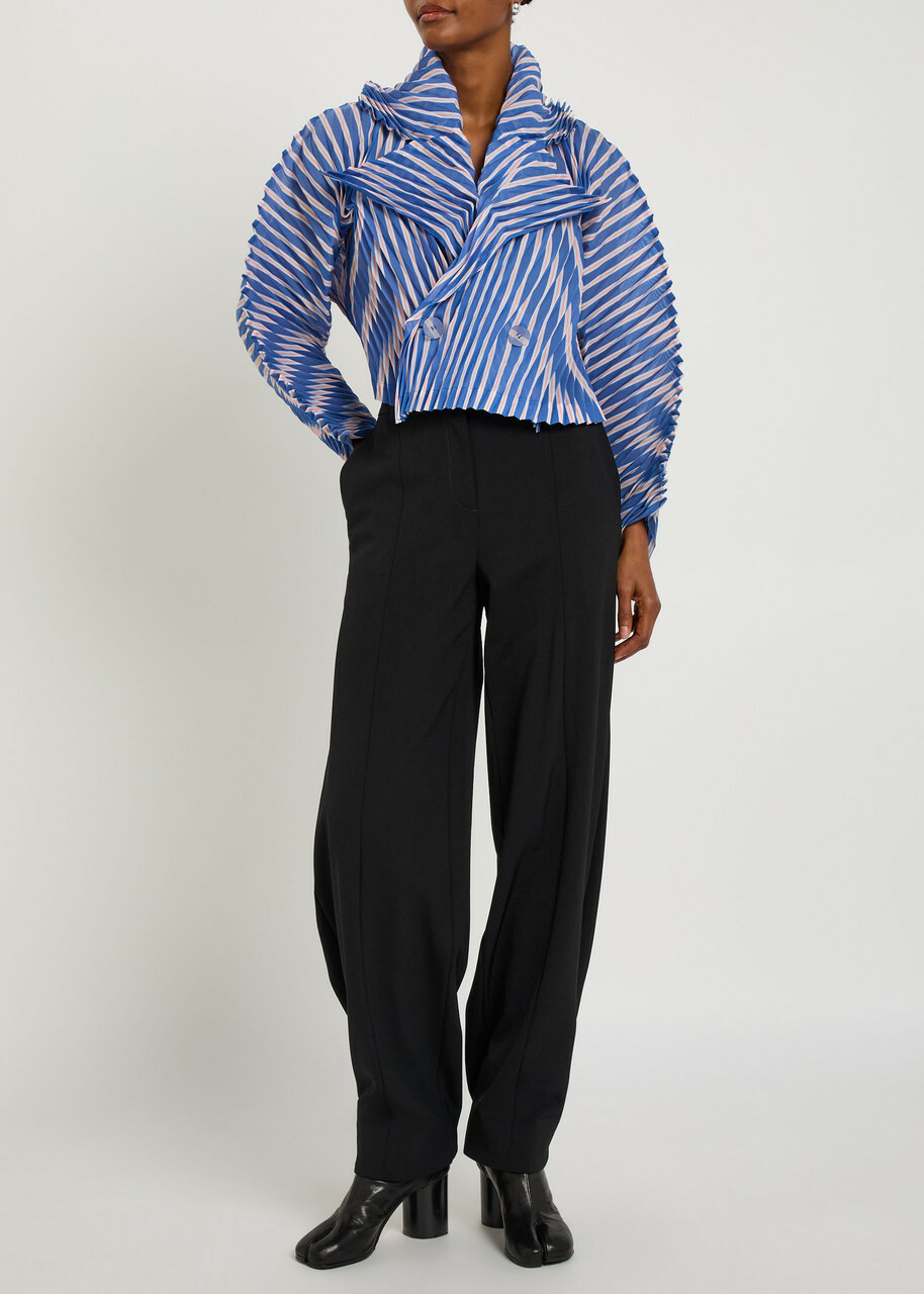 Issey Miyake Striped Pleated Woven Jacket Blue