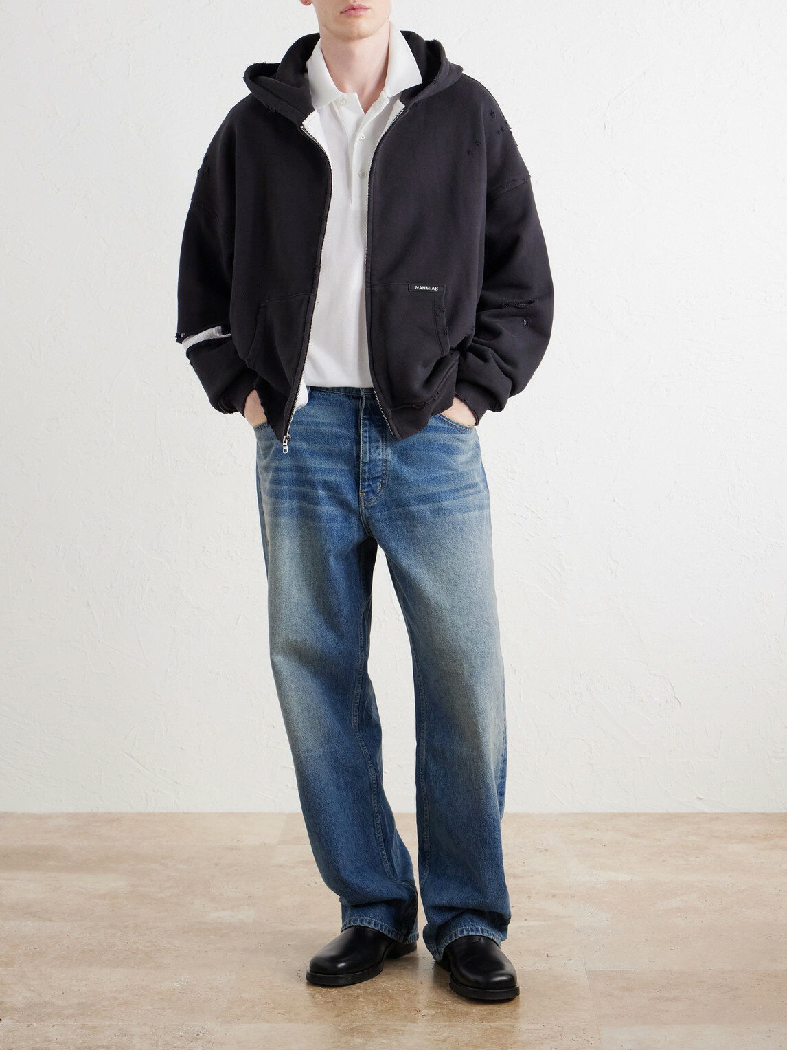 NAHMIAS - Distressed Cotton-Jersey Zip-Up Hoodie - Black