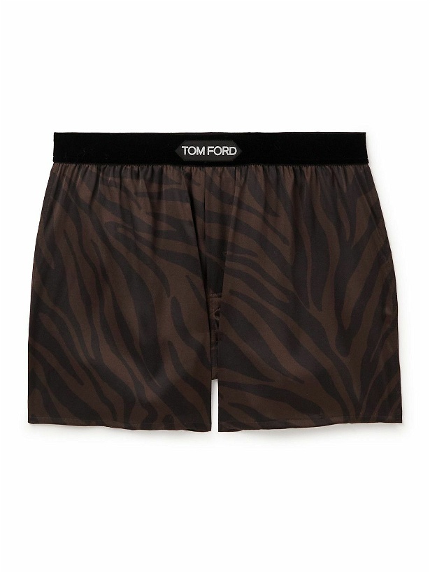 Photo: TOM FORD - Zebra-Print Velvet-Trimmed Silk-Satin Boxer Shorts - Brown
