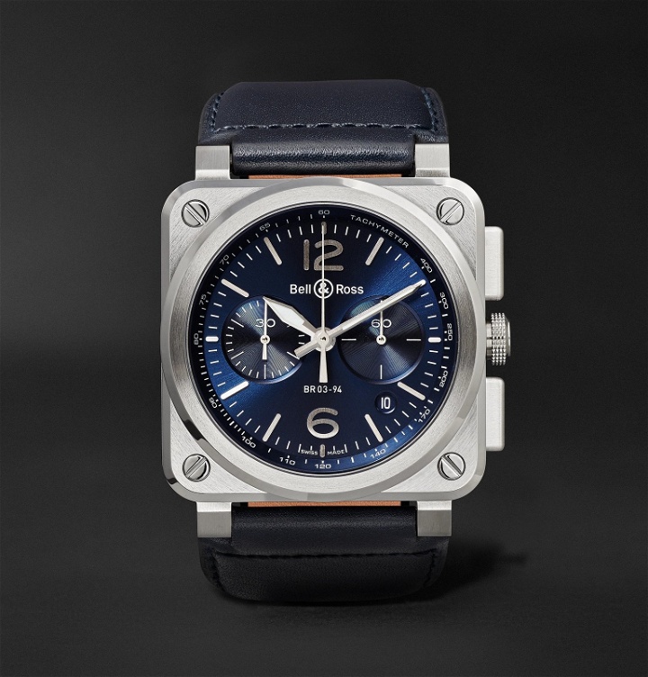 Photo: Bell & Ross - BR 03-94 42mm Steel and Leather Chronograph Watch, Ref. No. BR0394-­‐BLU-­‐ST/SCA - Blue
