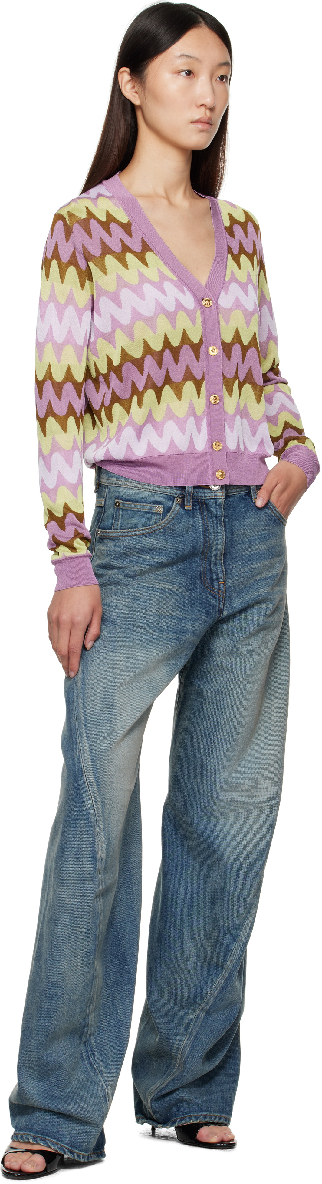 Versace Multicolor Wave Jacquard Knit Cardigan