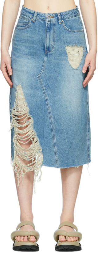 Photo: DRAE Blue Denim Distressed Midi Skirt