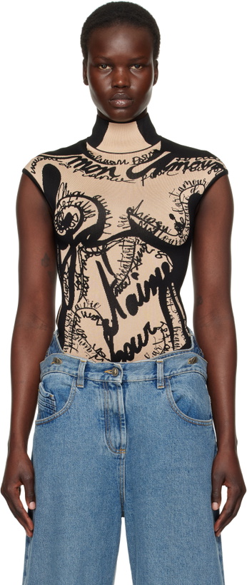 Photo: Balmain Black & Beige Jacquard Knit Torso Motif Bodysuit