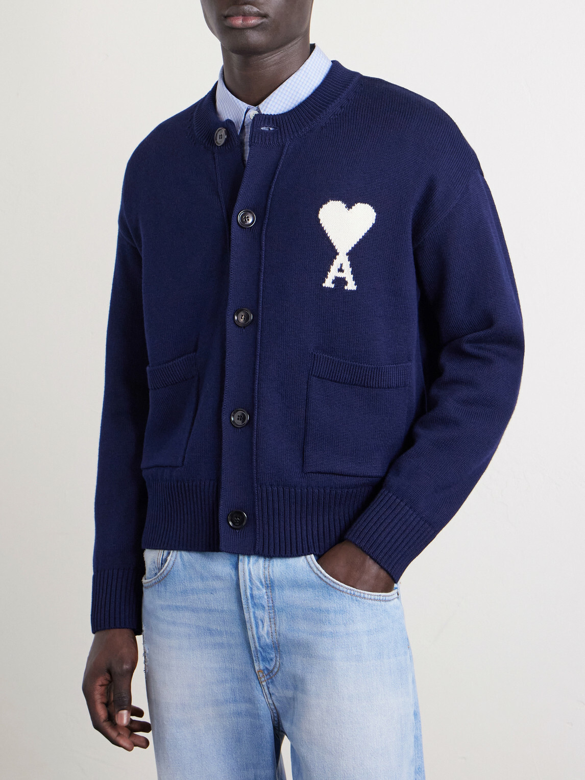 AMI PARIS - Logo-Intarsia Virgin Wool and Cotton-Blend Cardigan