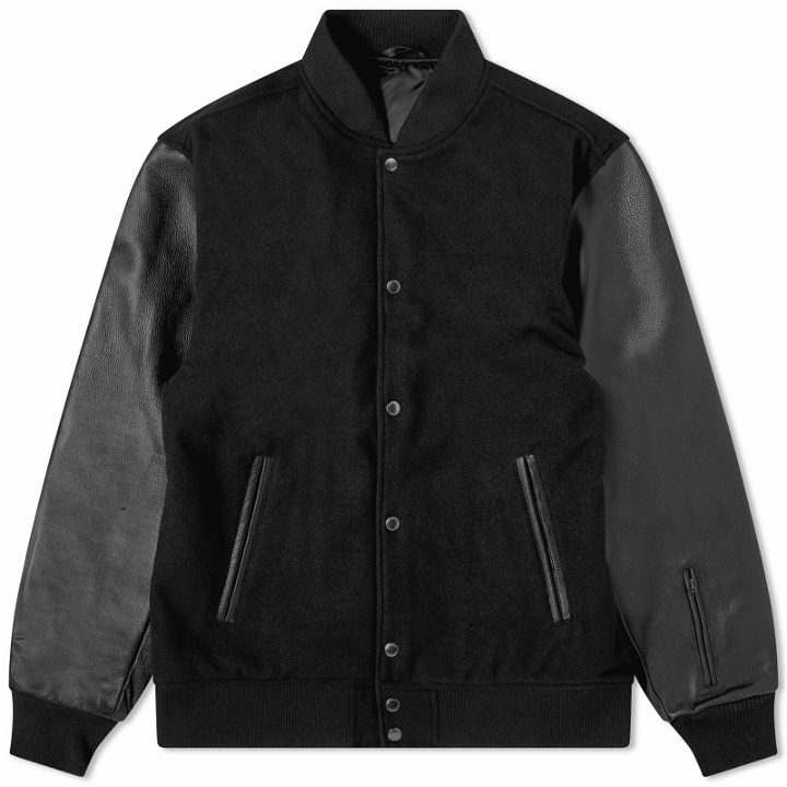 Photo: SOPHNET. Men's Leather Sleeve Varsity Jacket in Black