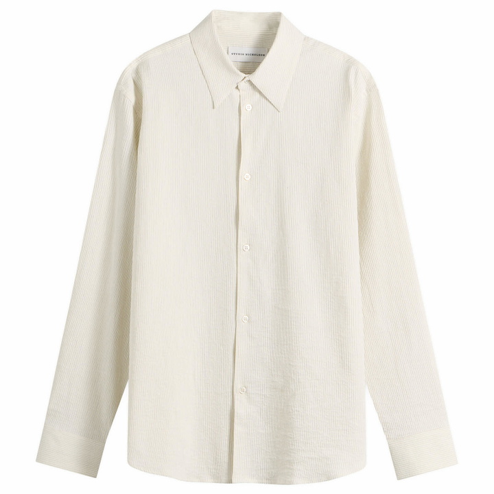 Photo: Studio Nicholson Men's View Regular Fit Shirt in Parchment/Black Stripe
