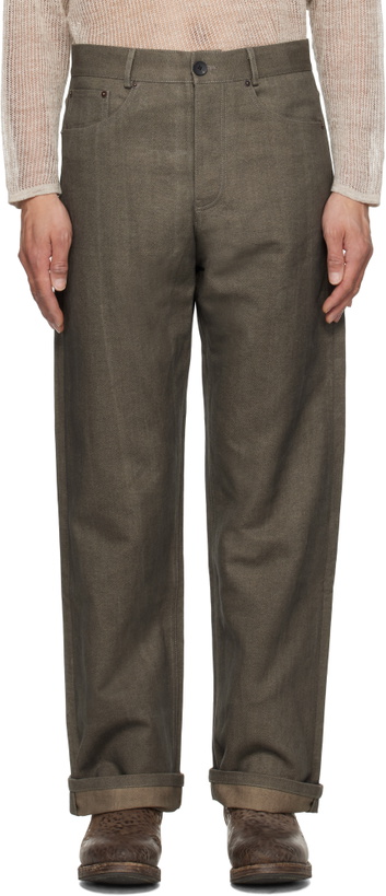 Photo: Aviva Jifei Xue Khaki Uneven Ink 5 Pocket Jeans