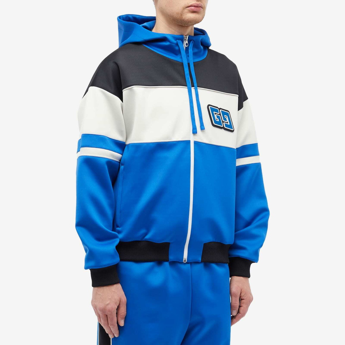 Gucci★素敵！Neoprene Zip Blue Black Jacket White Hoodie Neoprene zipped jacket with Web in dark blue | GUCCI® US