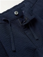 BEAMS F - Pleated Striped Cotton-Seersucker Drawstring Shorts - Blue