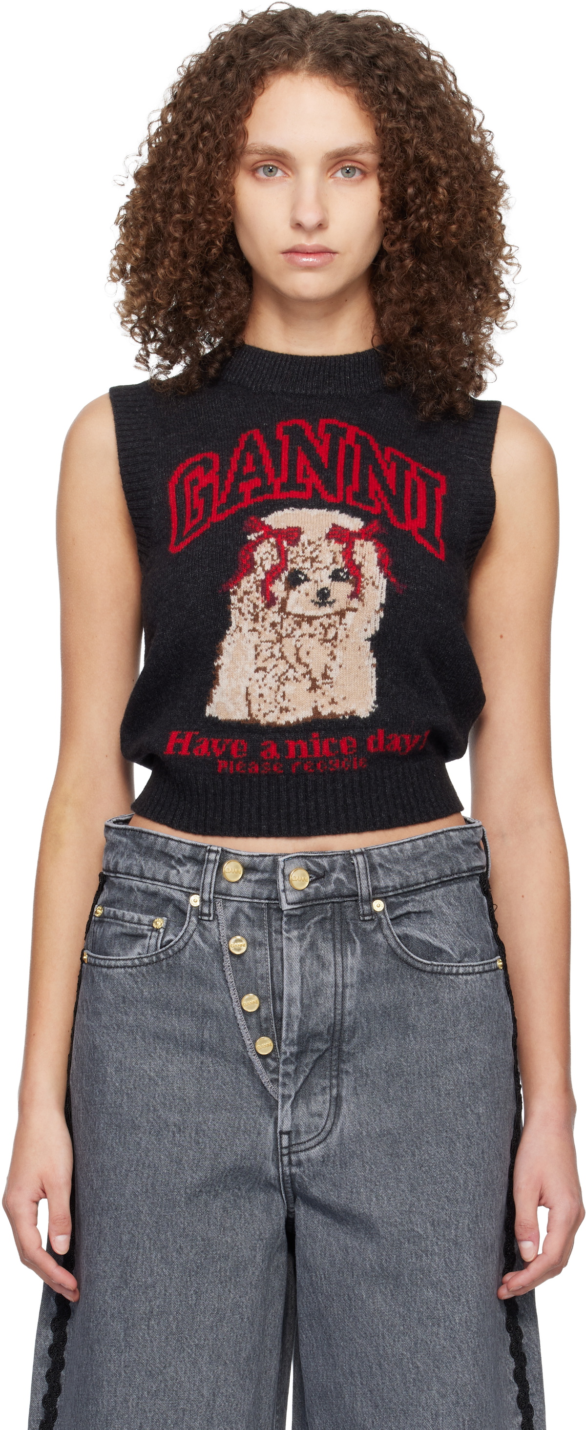GANNI Black Graphic Wool Vest