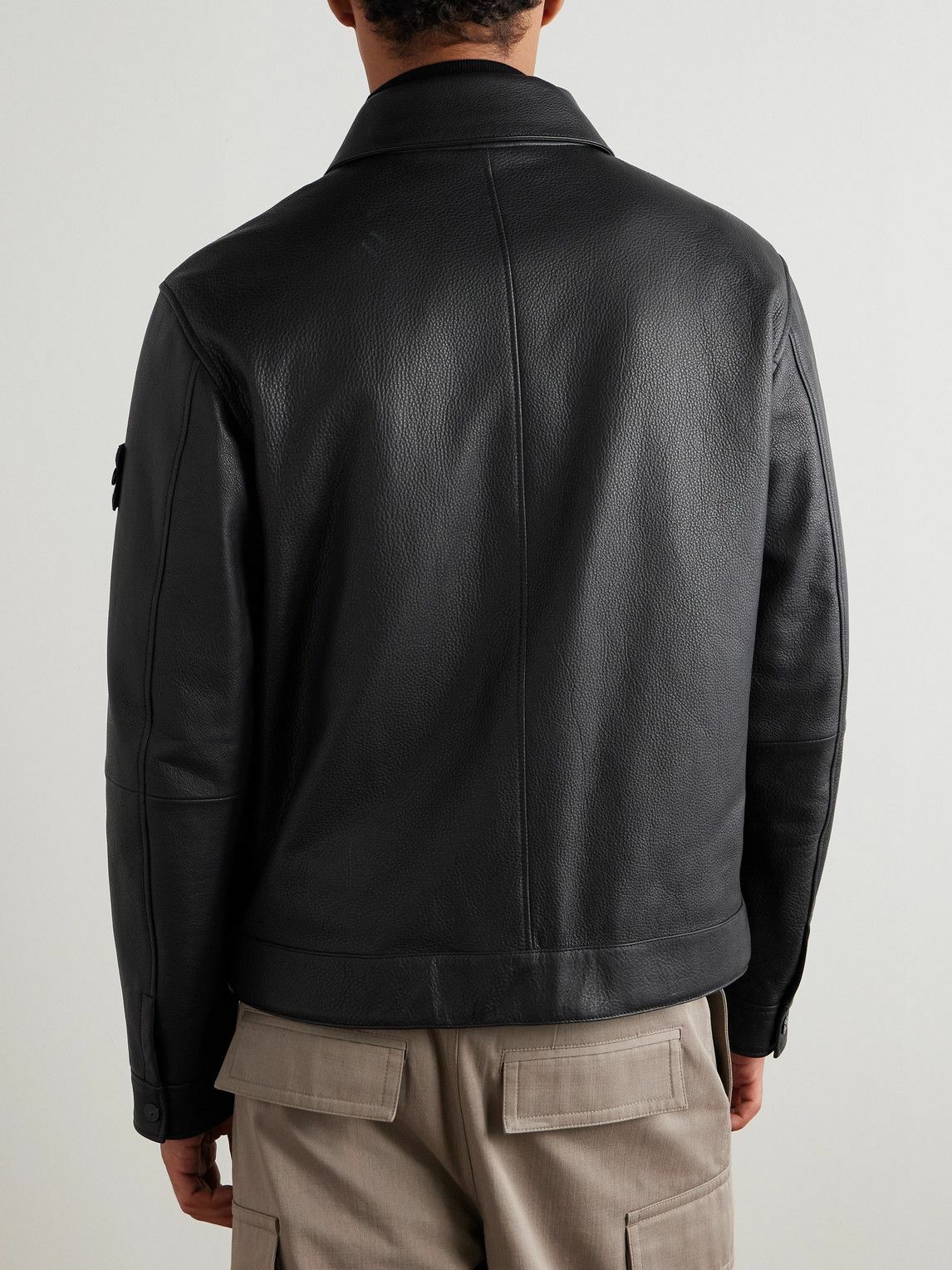 Stone Island - Logo-Appliquéd Full-Grain Leather Jacket - Black