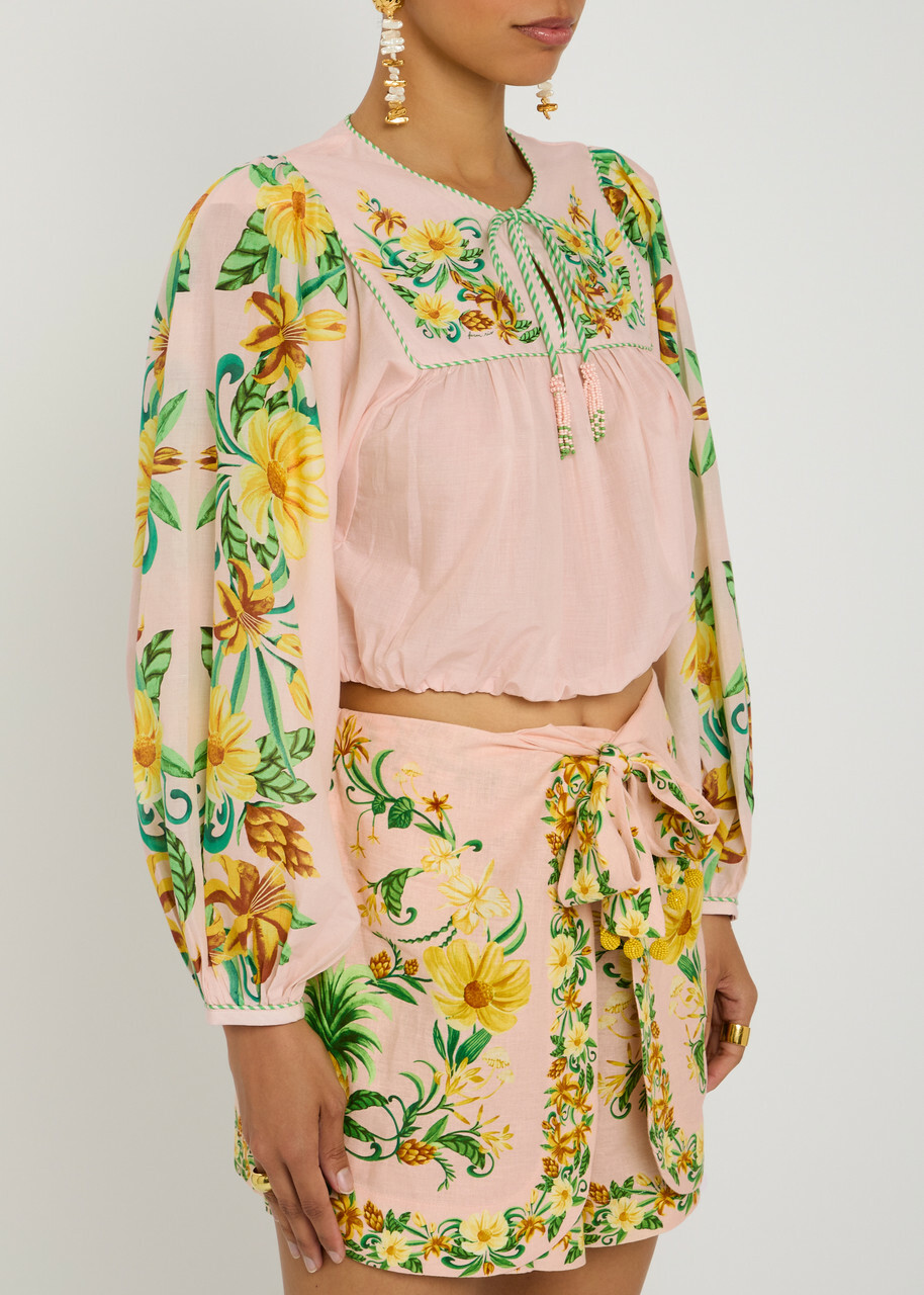 Farm Rio Botanical Floral-print Cotton Blouse Pink