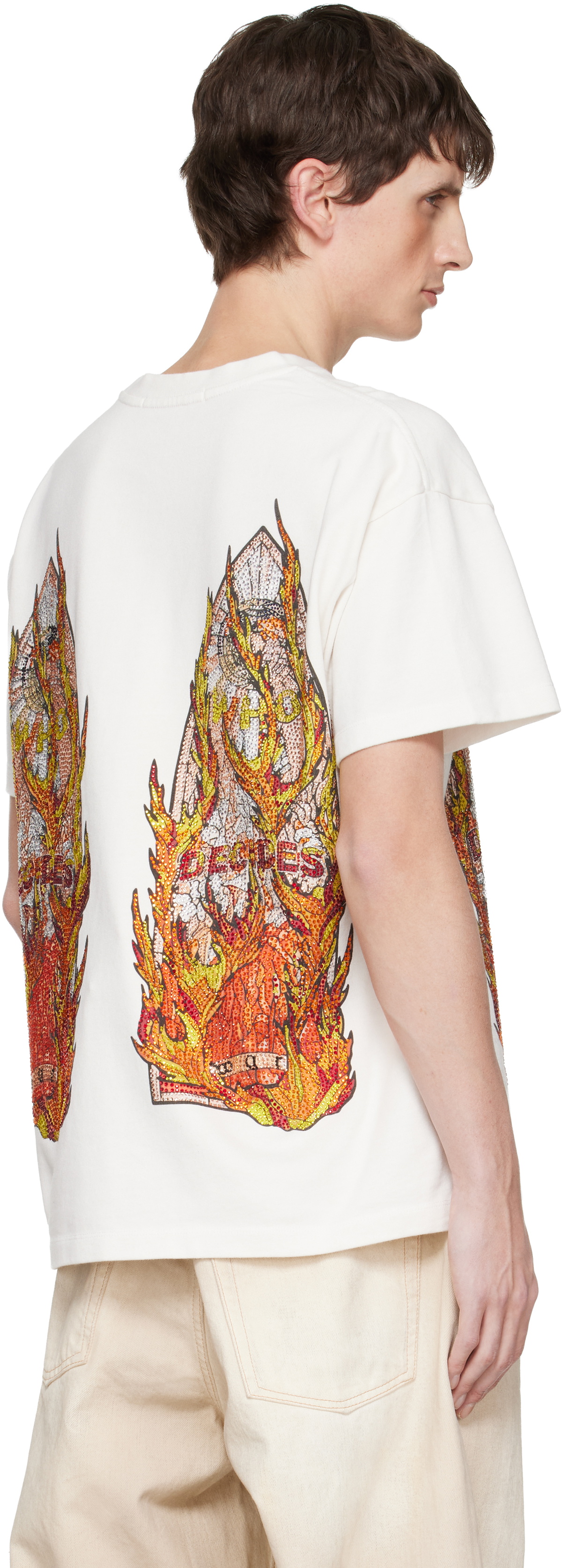 Who Decides War White Rhinestone Flame Glass T-shirt