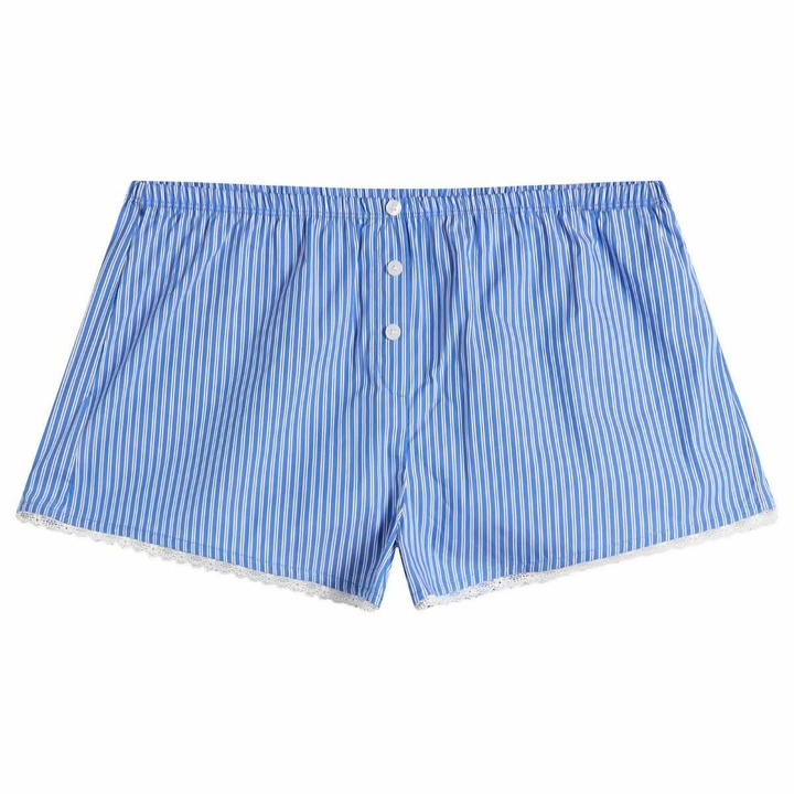 Photo: Good American Women's Poplin Lace Trimmed Boxer Shorts in Blue/White Stripe