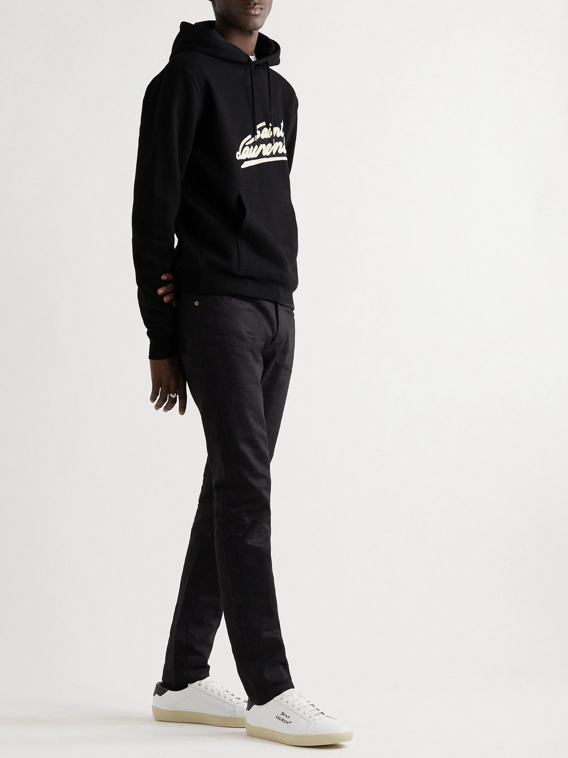 SAINT LAURENT - Logo-Flocked Cotton-Jersey Hoodie - Black Saint
