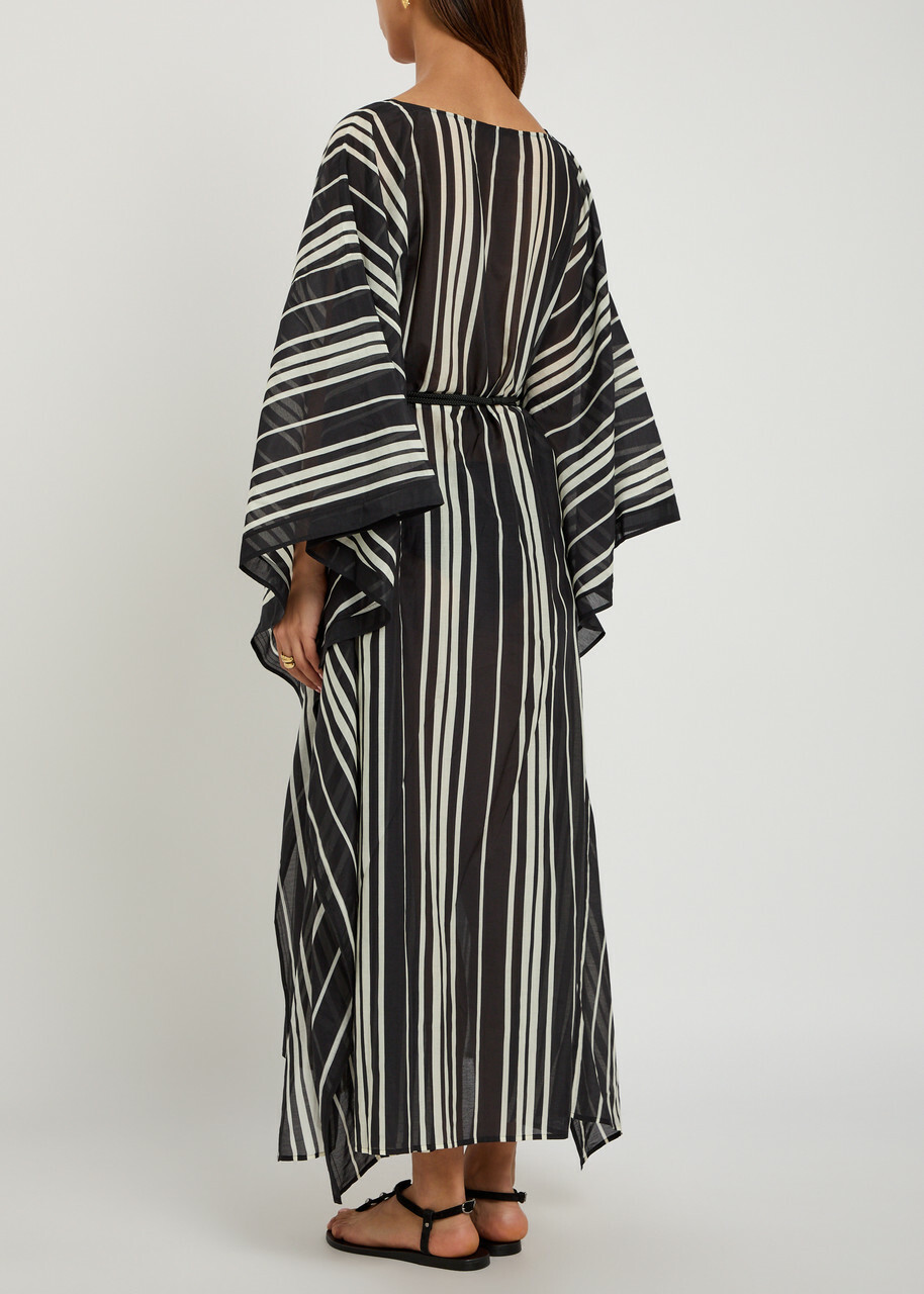 Tory Burch Striped Belted Cotton-blend Kaftan Dress Black