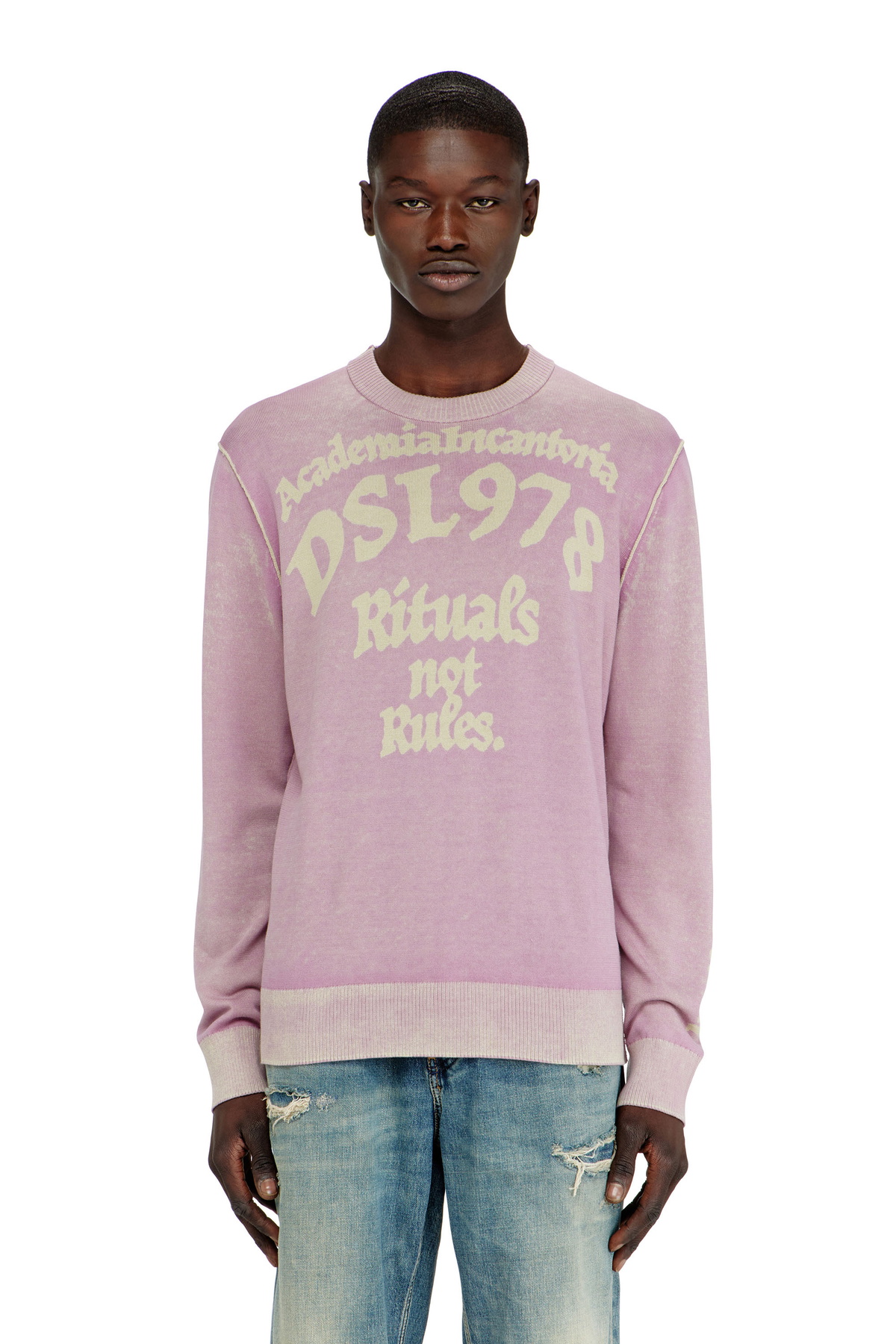 Diesel Treated cotton jumper with slogan - Knitwear Mens in Violet