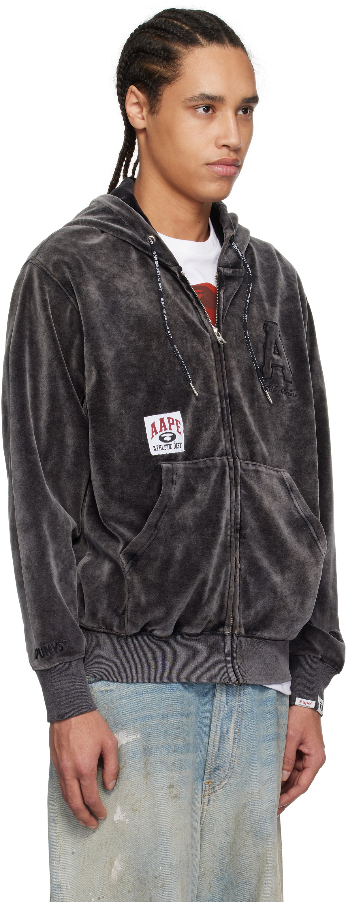 AAPE by A Bathing Ape Black 'AAPE' Logo Velvet Zip-Up Hoodie