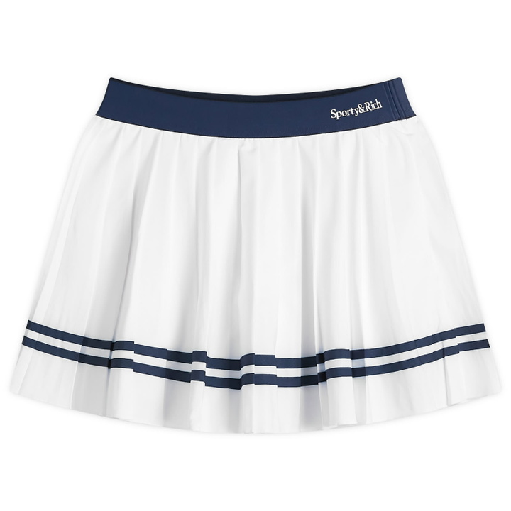 Photo: Sporty & Rich Women's Serif Logo Pleated Skirt in White/Navy Navy
