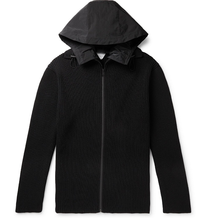 Photo: Bottega Veneta - Hooded Shell-Trimmed Ribbed Wool-Blend Zip-Up Sweater - Black