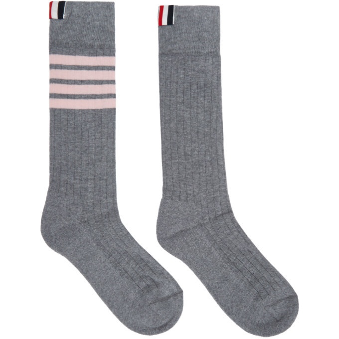 Photo: Thom Browne Grey and Pink Mid-Calf Athletic 4-Bar Socks