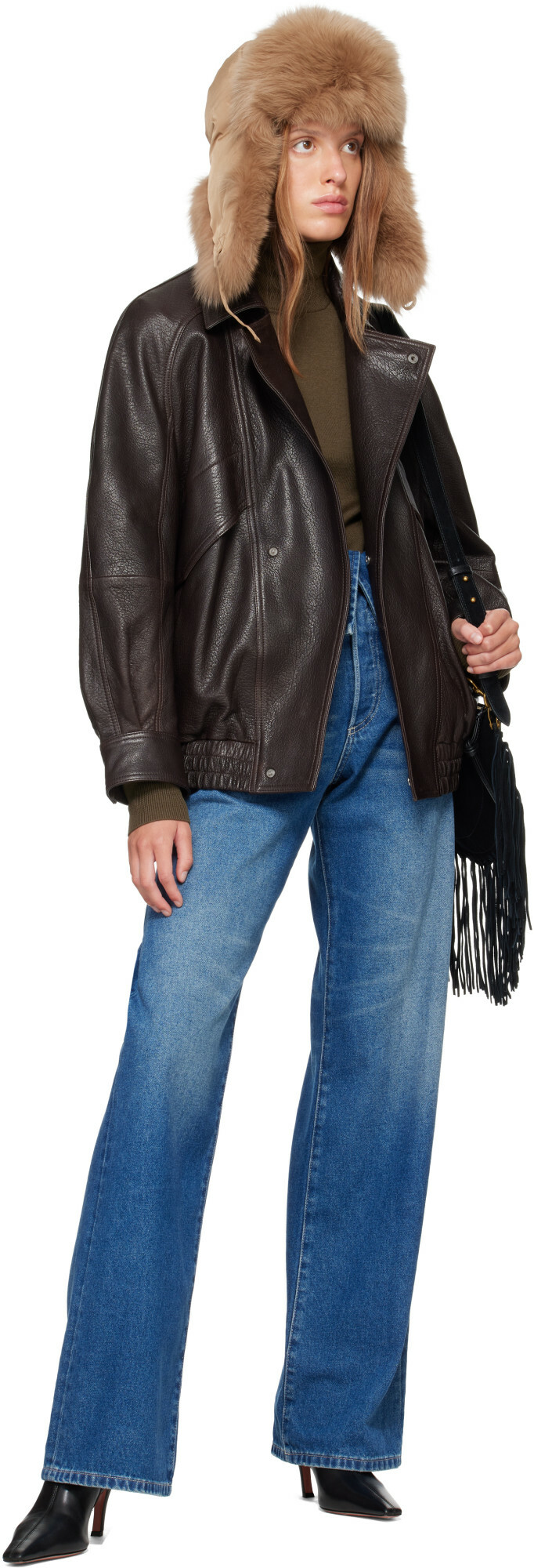 Nour Hammour Brown Rafe Sculptural Leather Bomber Jacket