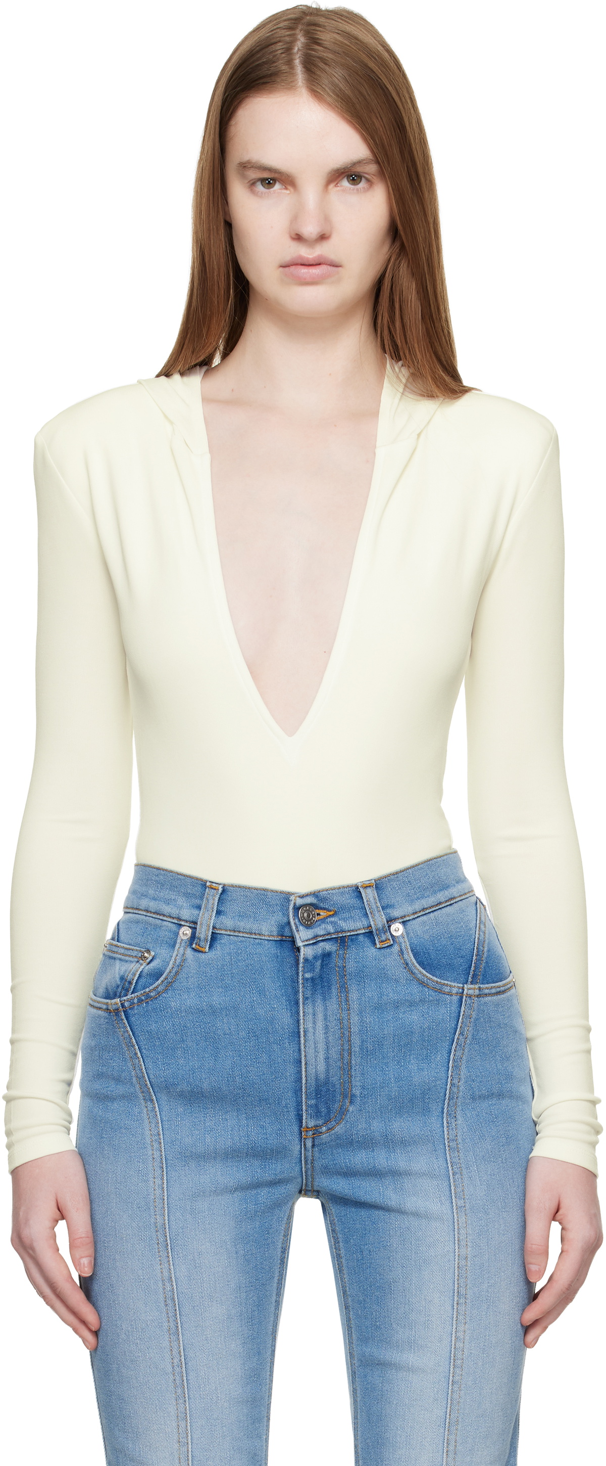 Mugler Off-White Hooded V-Neck Bodysuit