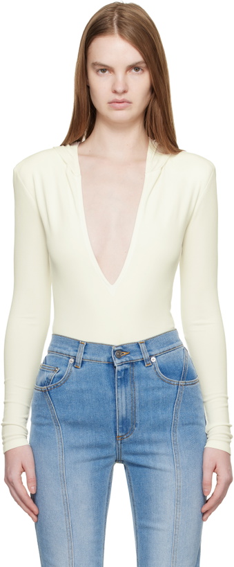 Photo: Mugler Off-White Hooded V-Neck Bodysuit