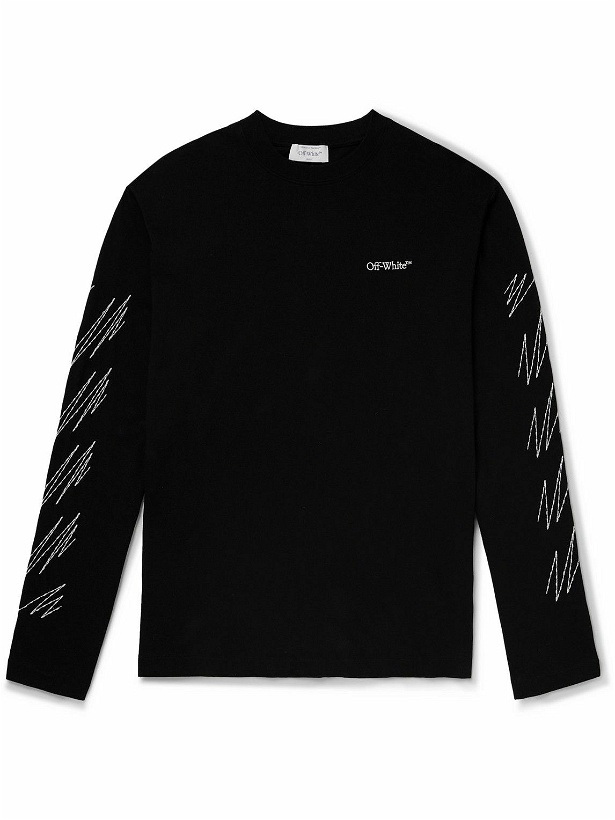 Photo: Off-White - Logo-Print Embroidered Cotton-Jersey T-Shirt - Black