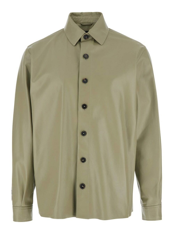 Photo: ARMA lush Green Shirt With Classic Collar And Contrasting Buttons In Leather Man