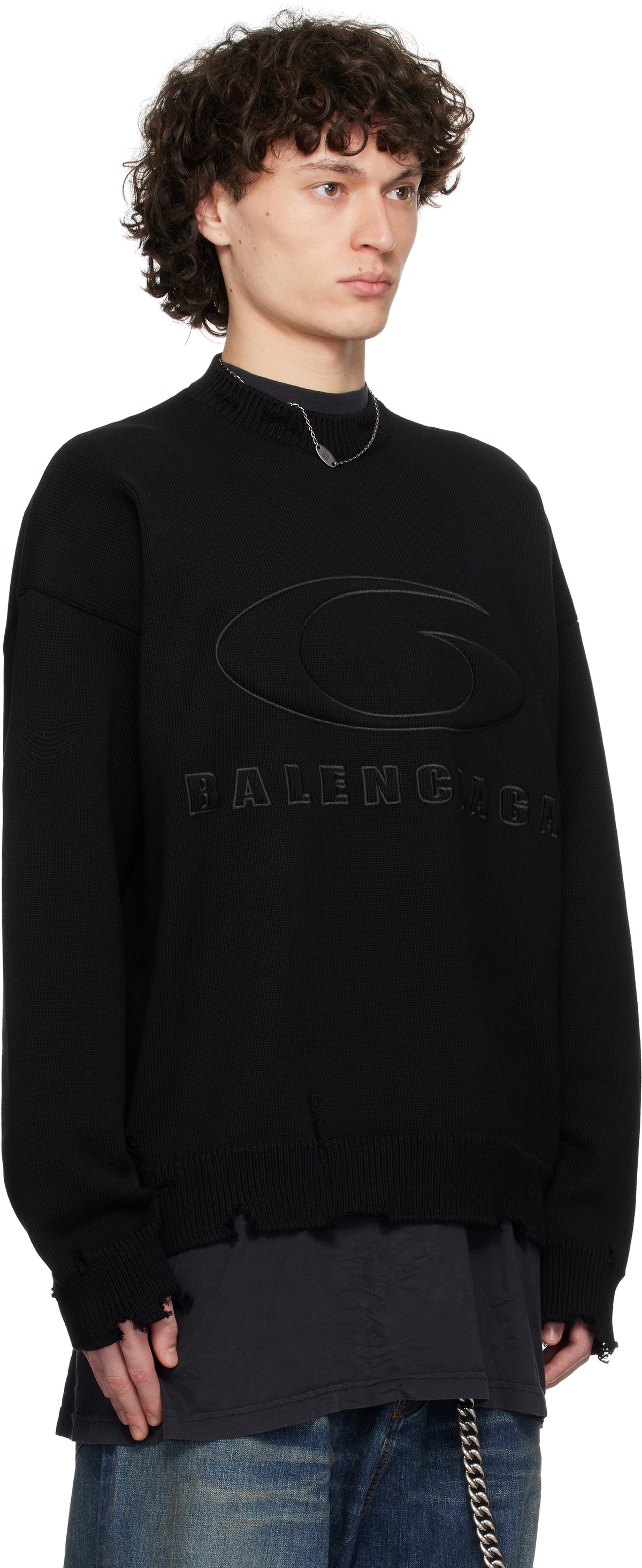 Balenciaga Black Cotton Logo Padded Knit Crewneck Sweater