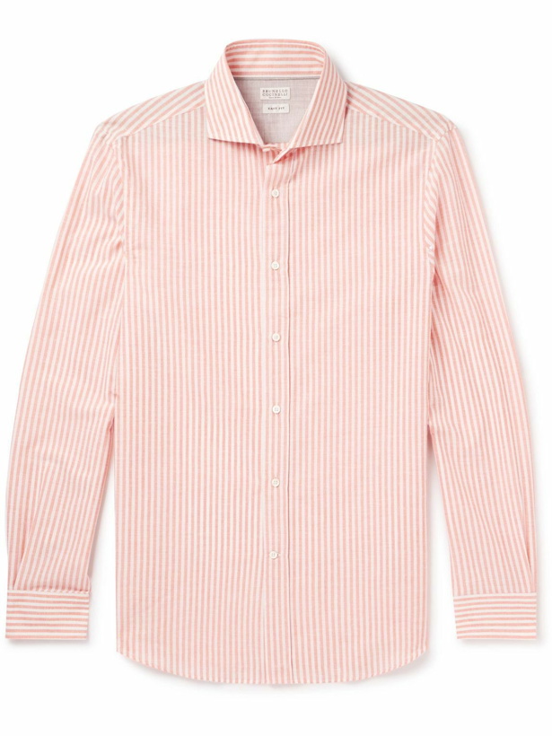 Photo: Brunello Cucinelli - Cutaway-Collar Striped Cotton and Linen-Blend Shirt - Orange