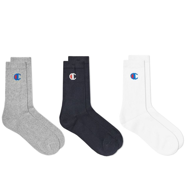 Photo: Champion Logo Sock - 3 Pack White, Navy & Grey