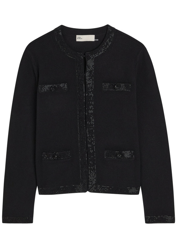 Photo: Tory Burch Kendra Crystal-embellished Wool-blend Cardigan Black