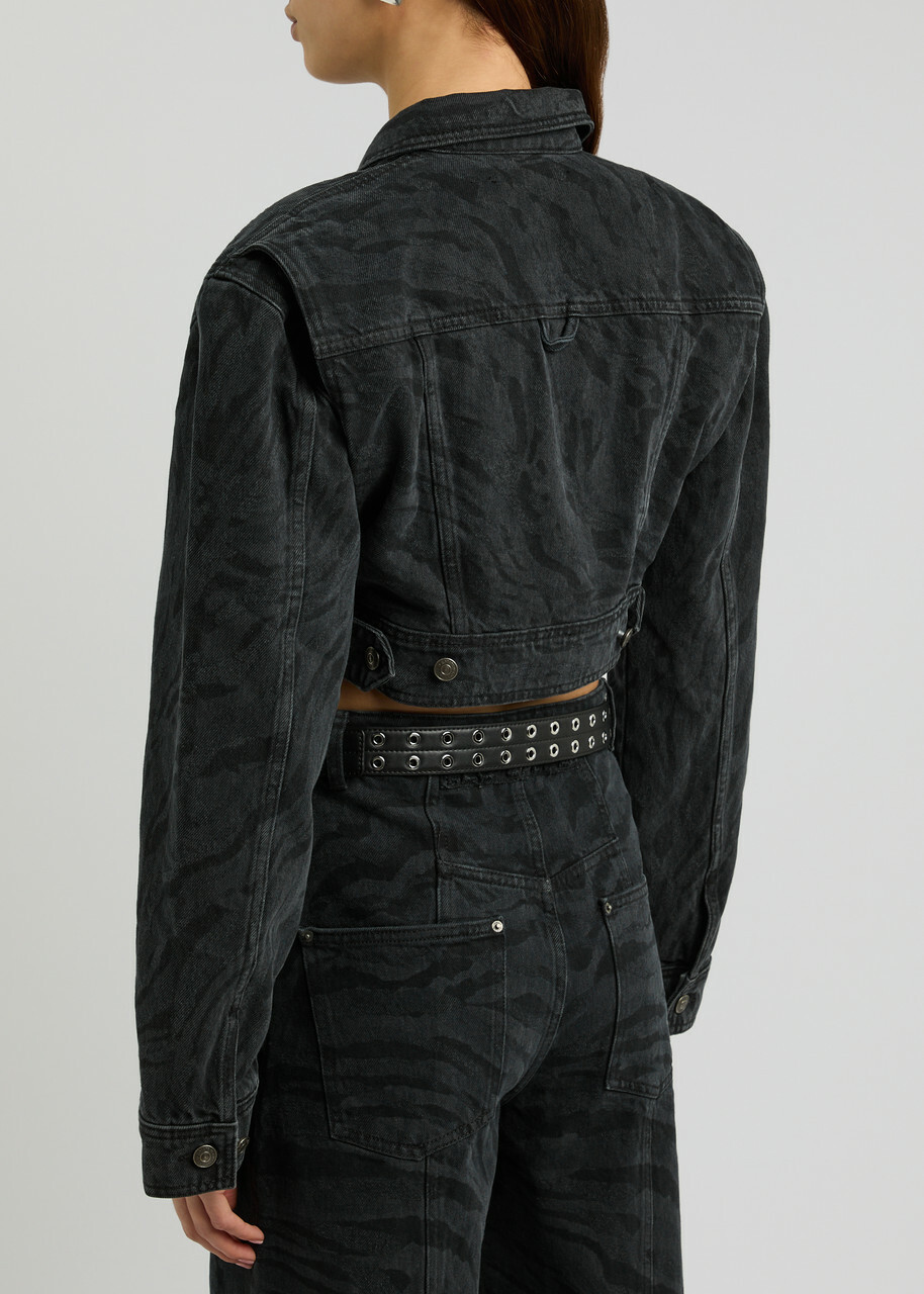 Rotate Sunday Zebra-print Cropped Denim Jacket Black