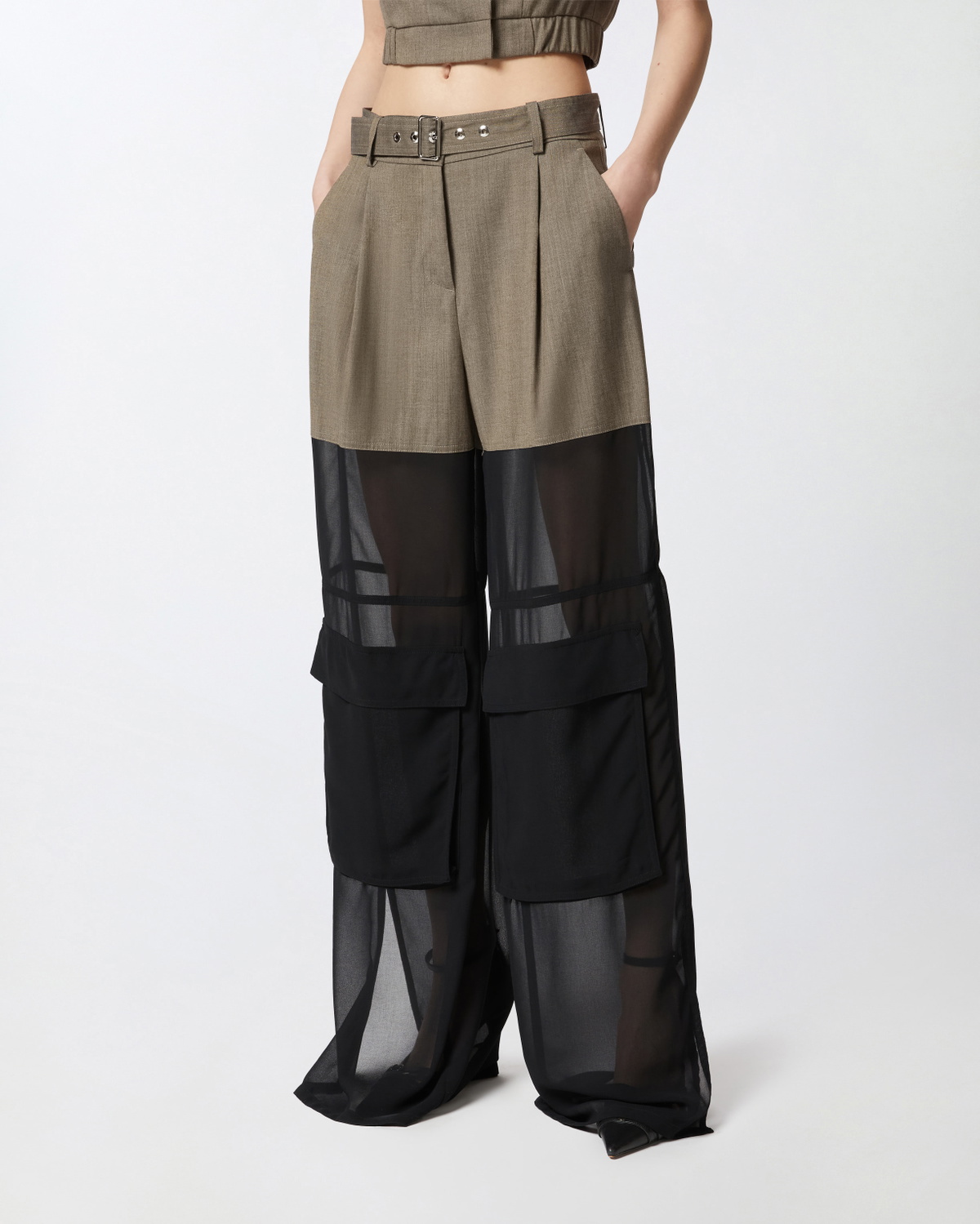 Pinko Wide Leg Cargo Trousers With Semi Sheer Georgette Flask Brown