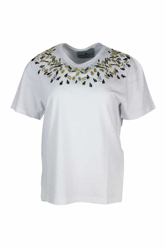 Photo: Ermanno Scervino Short-sleeved Round-neck Cotton T-shirt Embellished With Applied Crystals