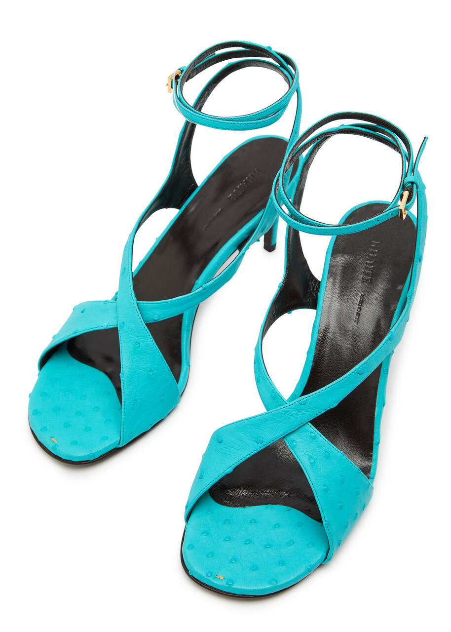 Khaite Liria 75 Cross-over Ostrich Leather Sandals Light Blue