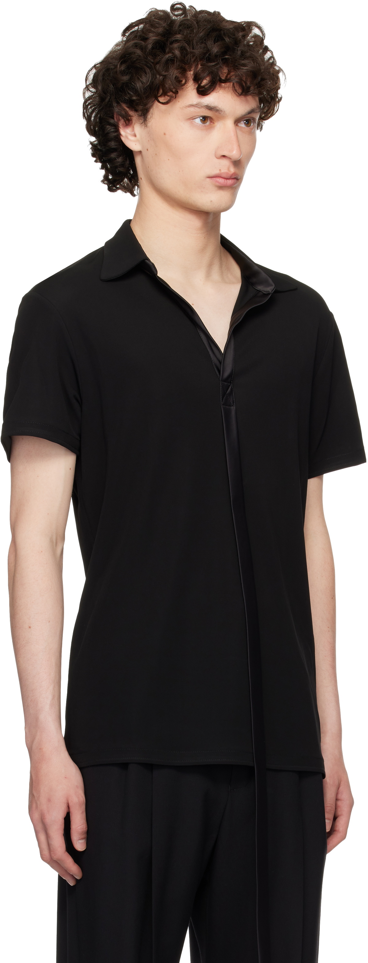 AARON ESH Black Satin Strip Viscose Polo