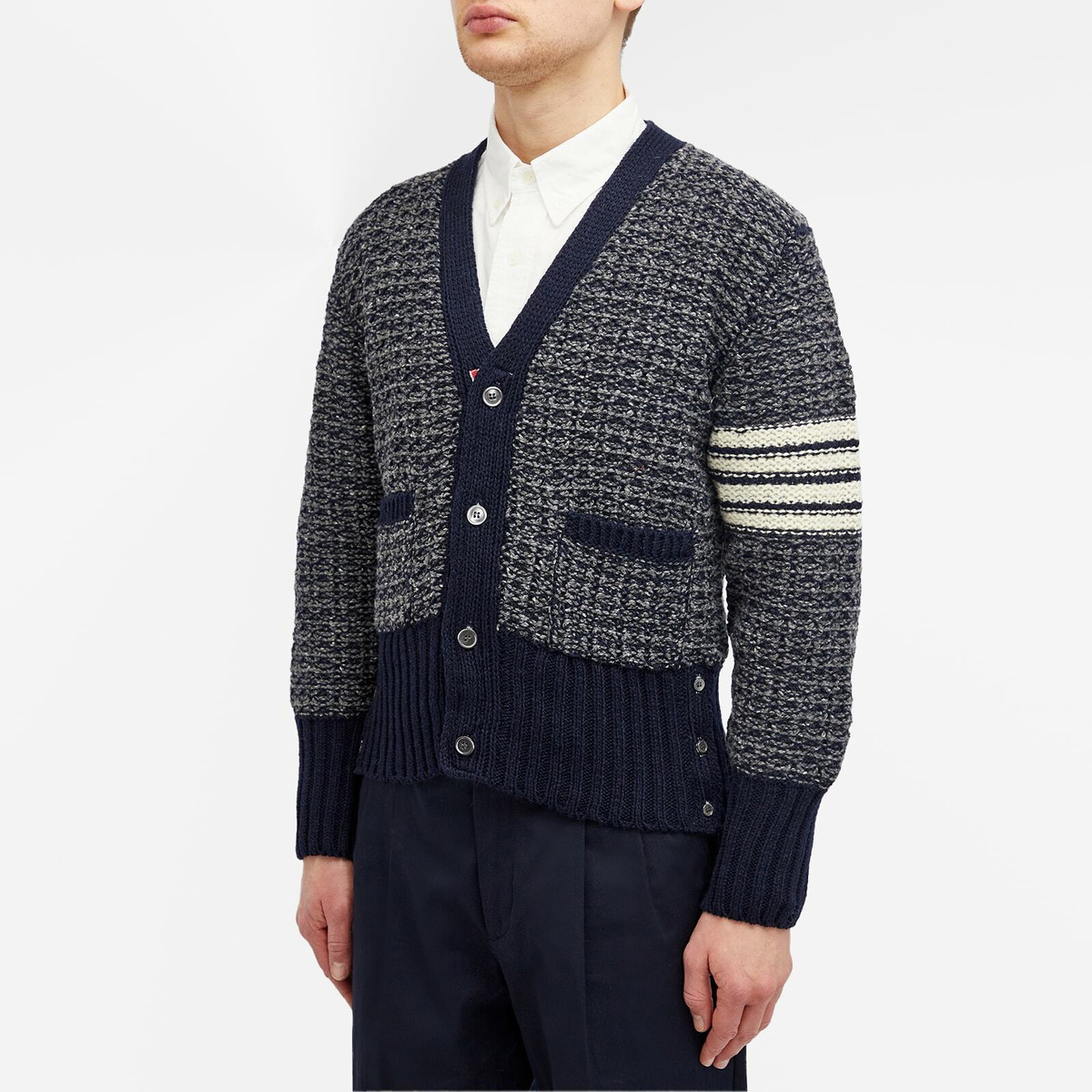 Thom Browne Men's 4-Bar Donegal V-Neck Cardigan in Navy Thom Browne