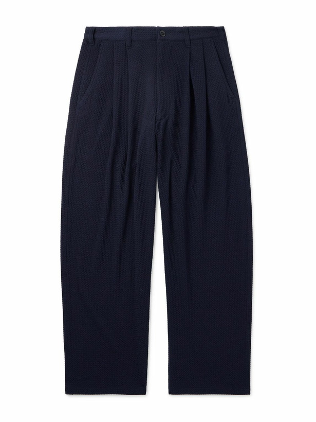 Photo: Monitaly - Easy Tapered Pleated Textured-Woven Trousers - Blue