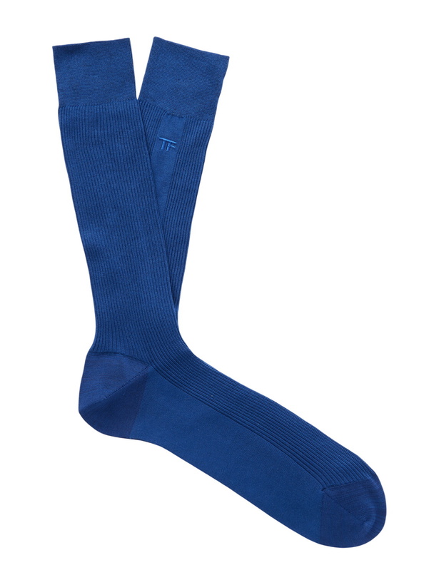 Photo: TOM FORD - Logo-Embroidered Ribbed Cotton Socks - Blue