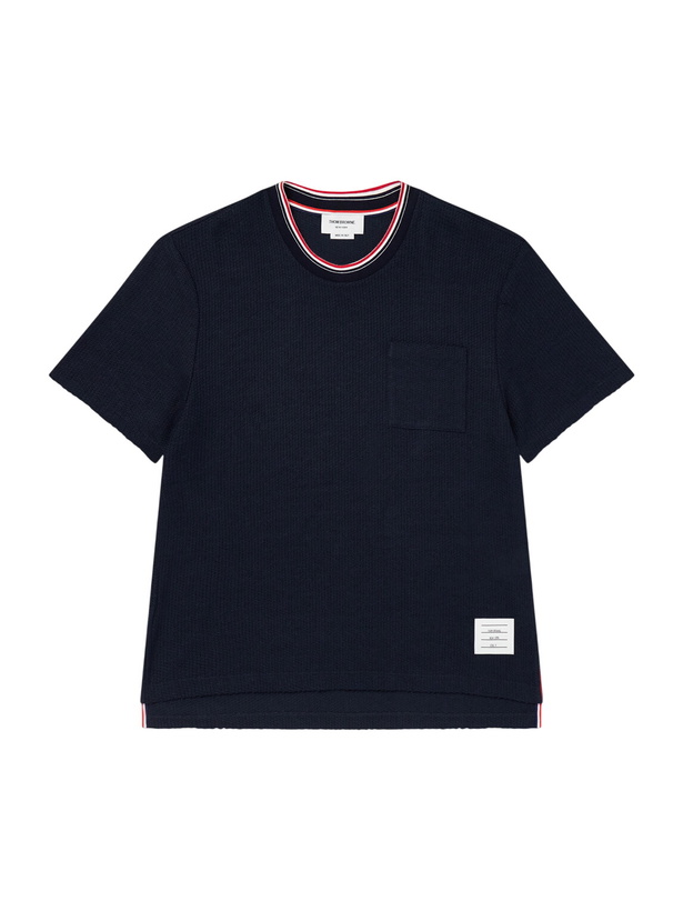 Photo: Thom Browne - Pointelle-Knit Cotton and Linen-Blend T-Shirt - Blue