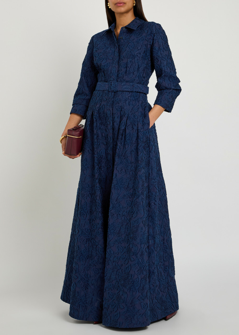 Simkhai Courtney Floral-jacquard Belted Cotton-blend Gown Navy
