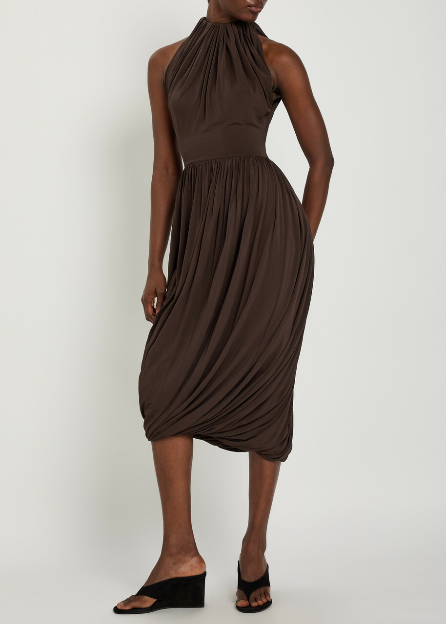 Alaïa Sculpting Ruched Wool Midi Dress Dark Brown