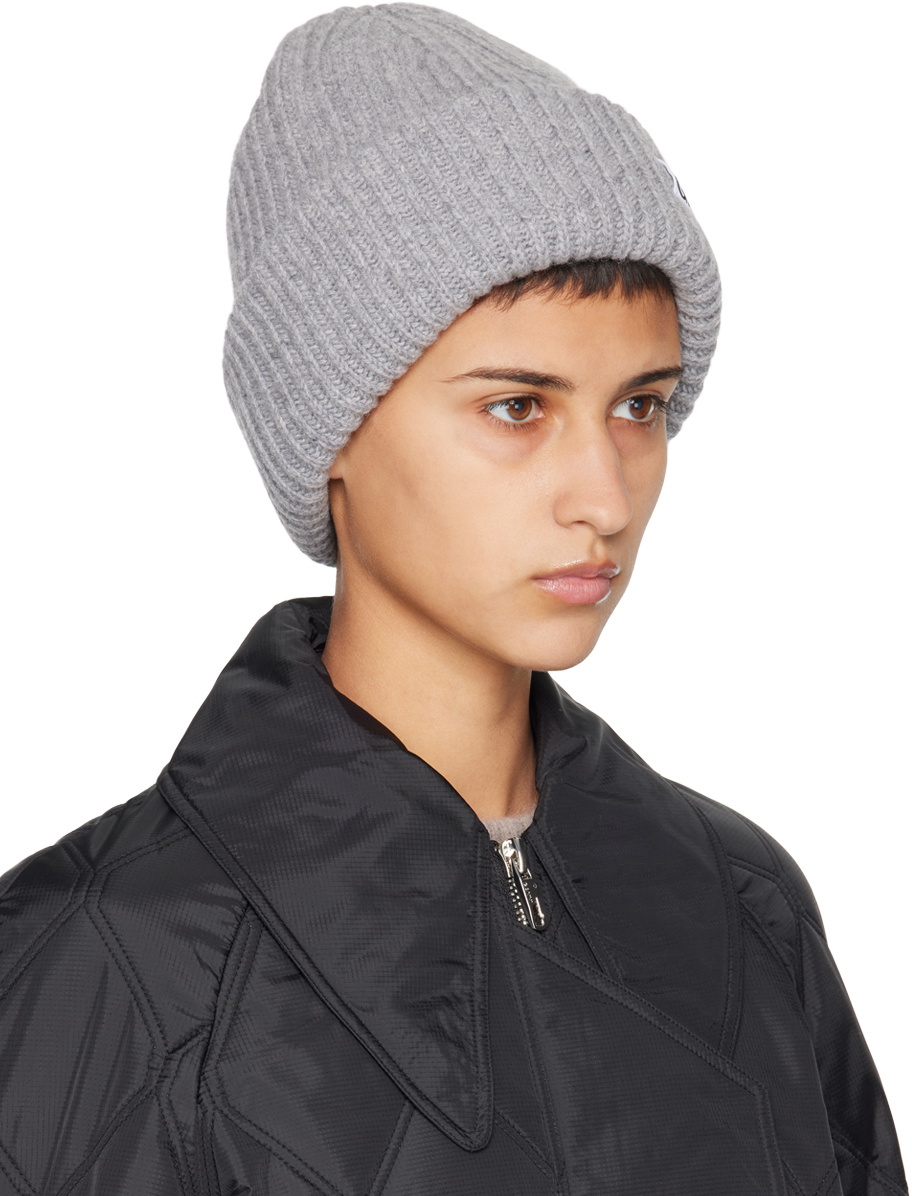 GANNI Gray Loose Wool Rib Knit Beanie GANNI
