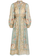 Zimmermann Roselight Printed Plunge Linen Midi Dress Blue